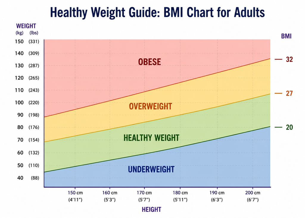 PTE Describe Image BMI chart showing height and weight ranges